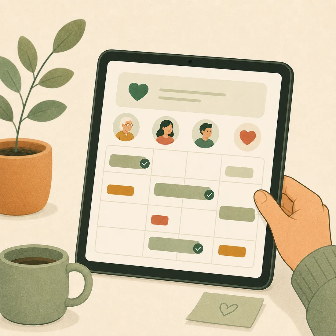 A shared family care calendar on a tablet
