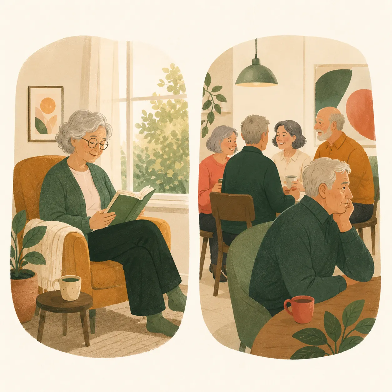 One older adult alone but content, beside another surrounded by people yet feeling apart — isolation and loneliness are different things.