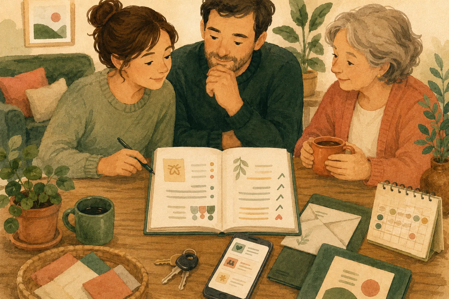 A family reviewing a post-visit note together at a warm kitchen table.