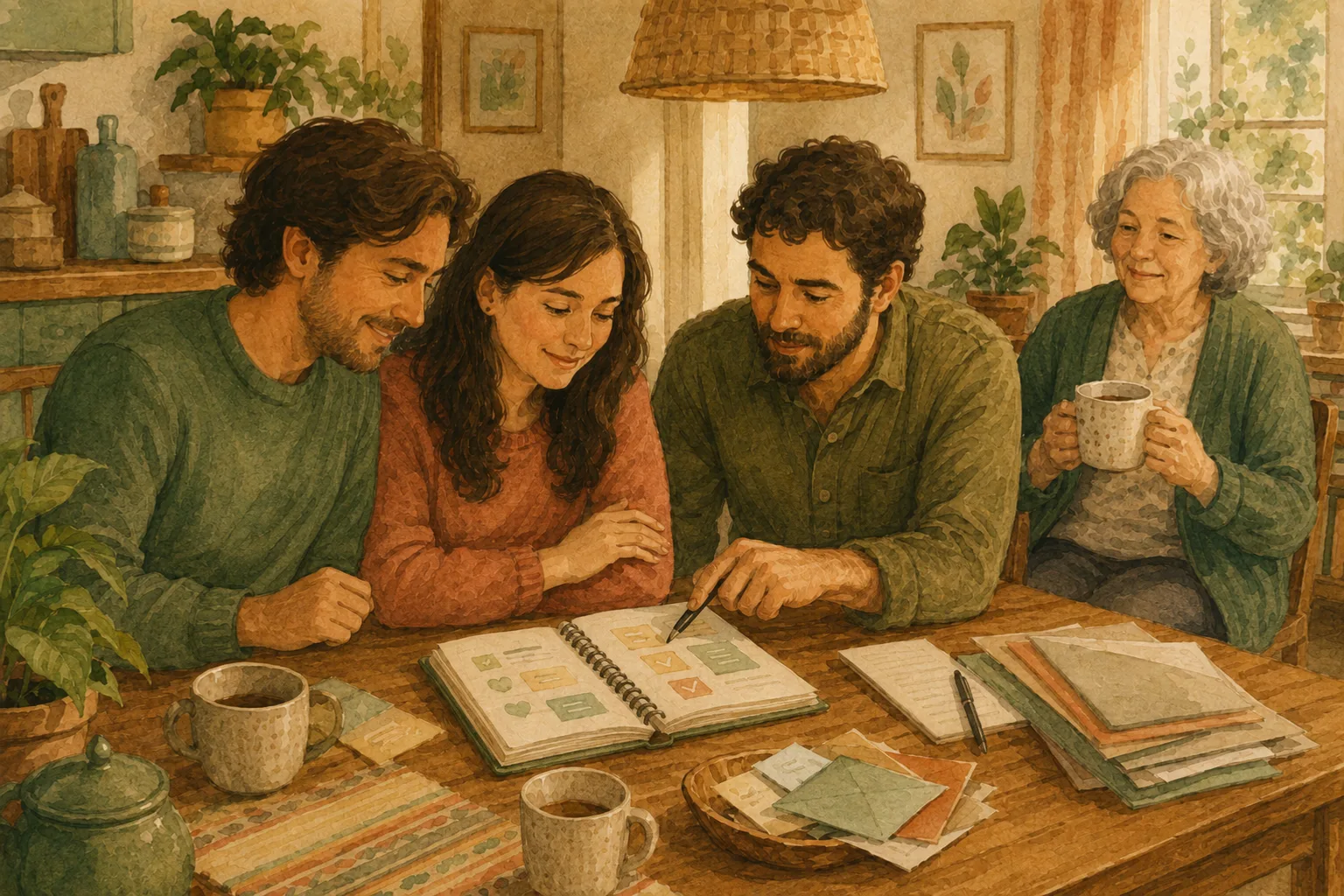 Adult children turning visit notes into owned next steps while their parent sits nearby.